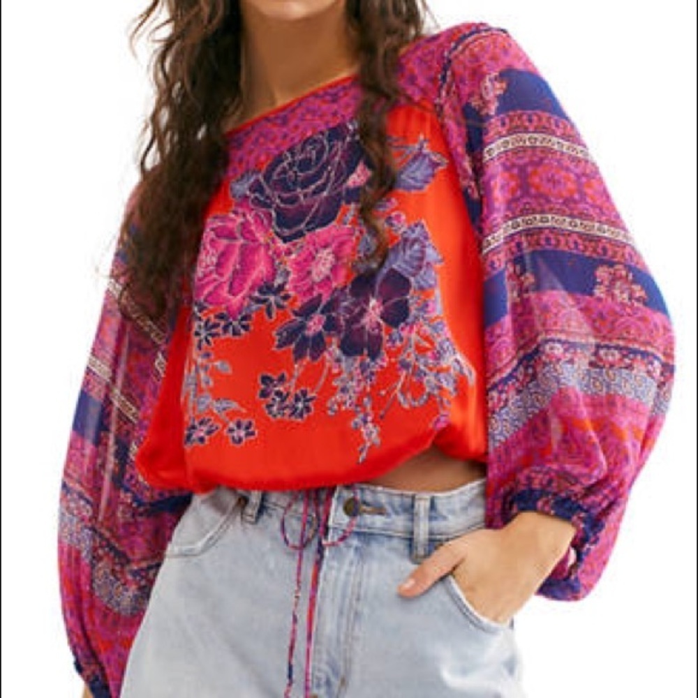 Free People ‘Blue Nile’ Red Floral Cropped Blouse